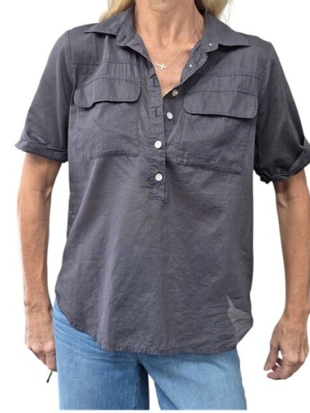 Faherty Organic Cotton Utility Popover Shirt S Charcoal Pocket Blouse
